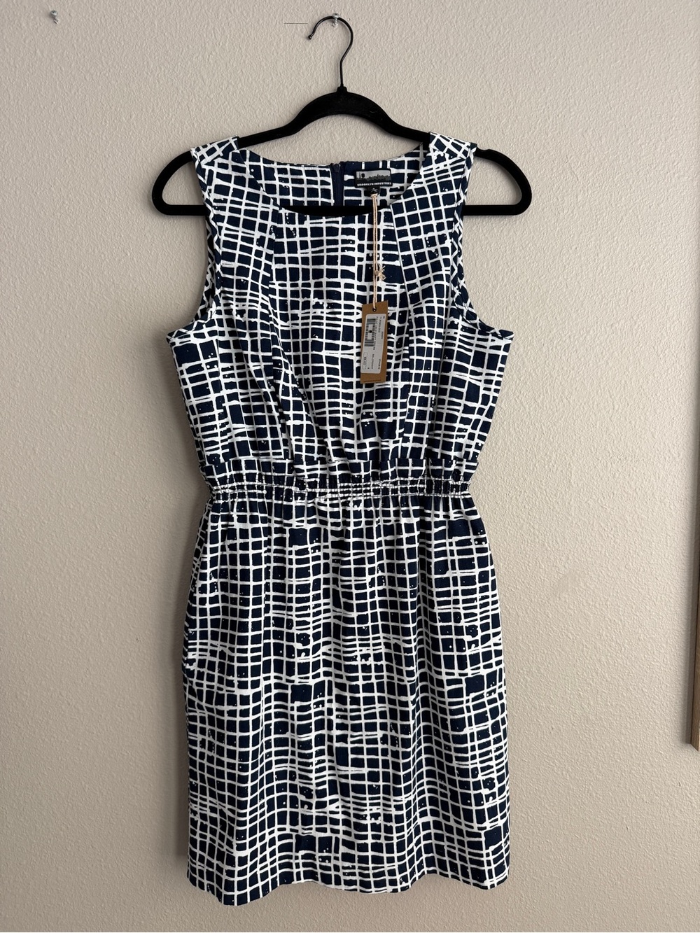 NWT Brooklyn Industries Sz 8 Sheath Dress Paint Drip Navy White Checkered